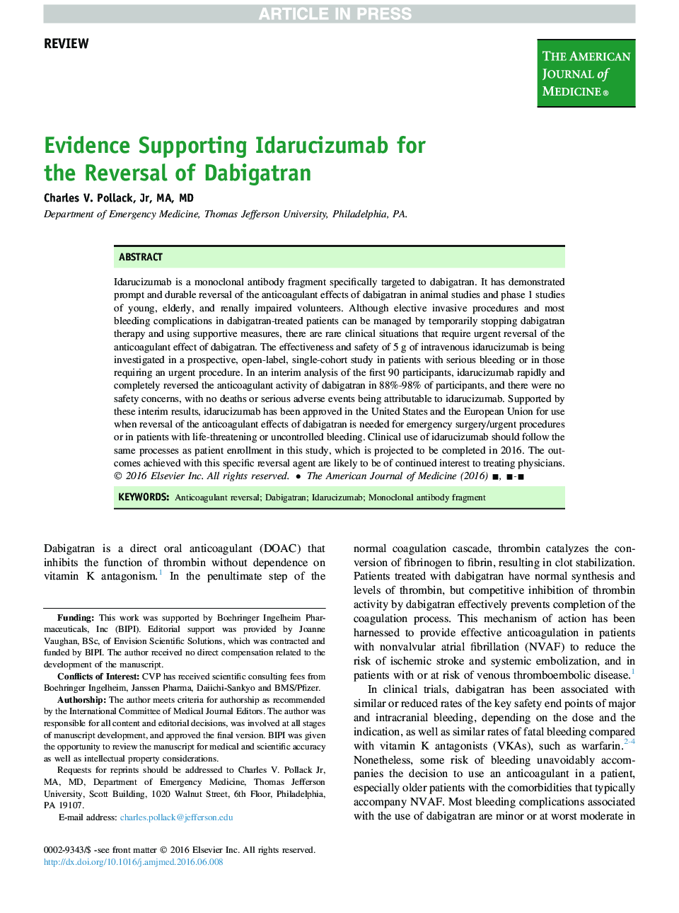 Evidence Supporting Idarucizumab for the Reversal of Dabigatran