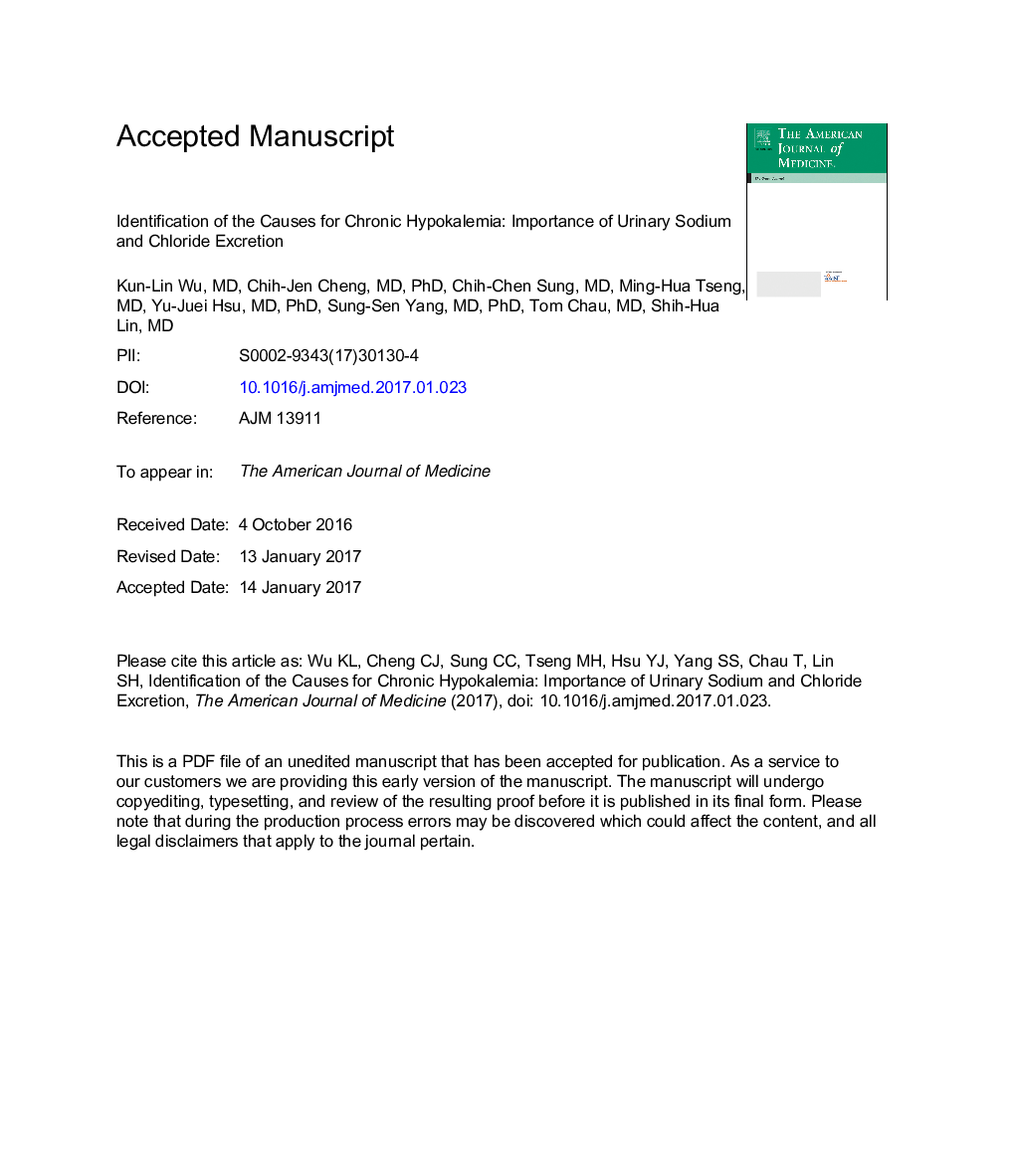 Identification of the Causes for Chronic Hypokalemia: Importance of Urinary Sodium and Chloride Excretion