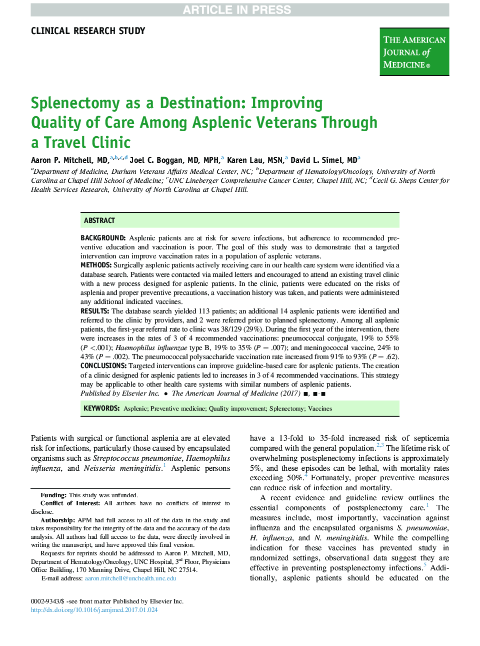 Splenectomy as a Destination: Improving Quality of Care Among Asplenic Veterans Through a Travel Clinic
