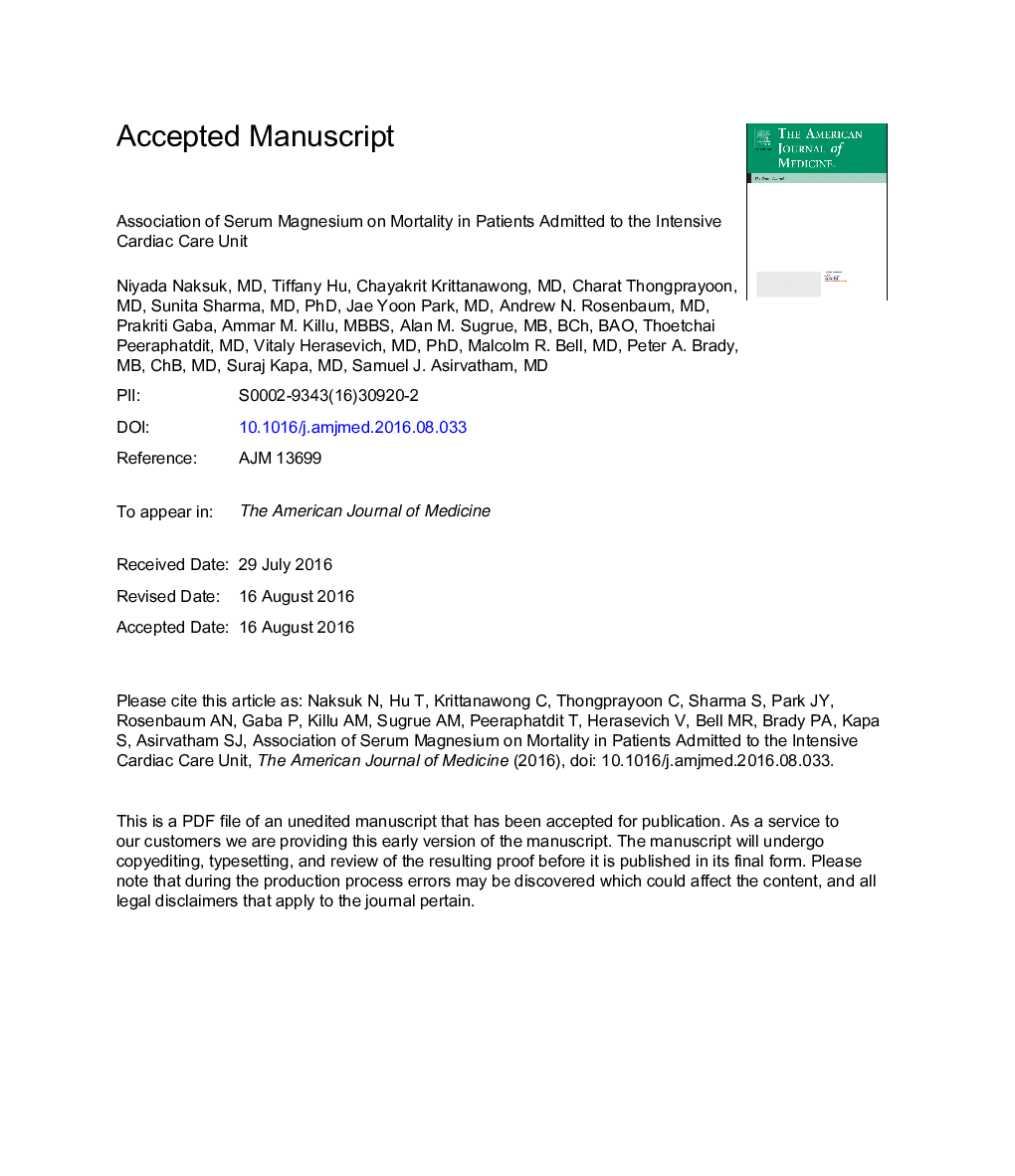 Association of Serum Magnesium on Mortality in Patients Admitted to the Intensive Cardiac Care Unit