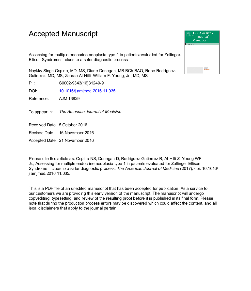 Assessing for Multiple Endocrine Neoplasia Type 1 in Patients Evaluated for Zollinger-Ellison Syndrome-Clues to a Safer Diagnostic Process