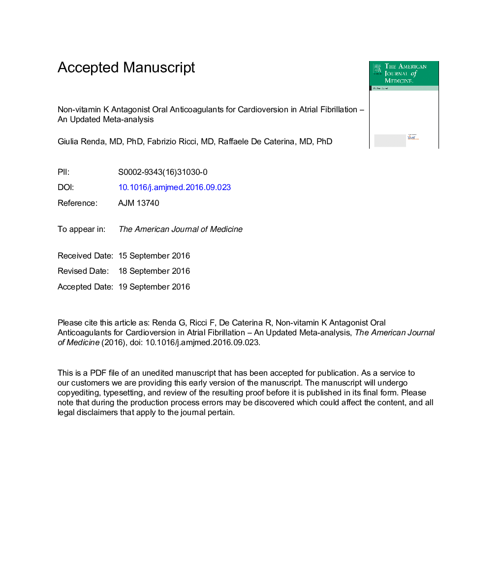 Non-Vitamin K Antagonist Oral Anticoagulants for Cardioversion in Atrial Fibrillation: An Updated Meta-analysis