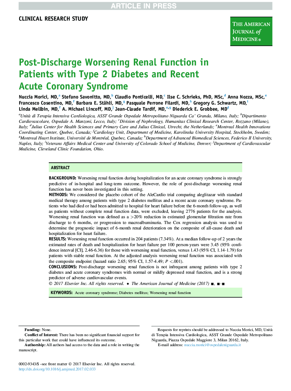 Post-Discharge Worsening Renal Function in Patients with Type 2 Diabetes and Recent AcuteÂ Coronary Syndrome