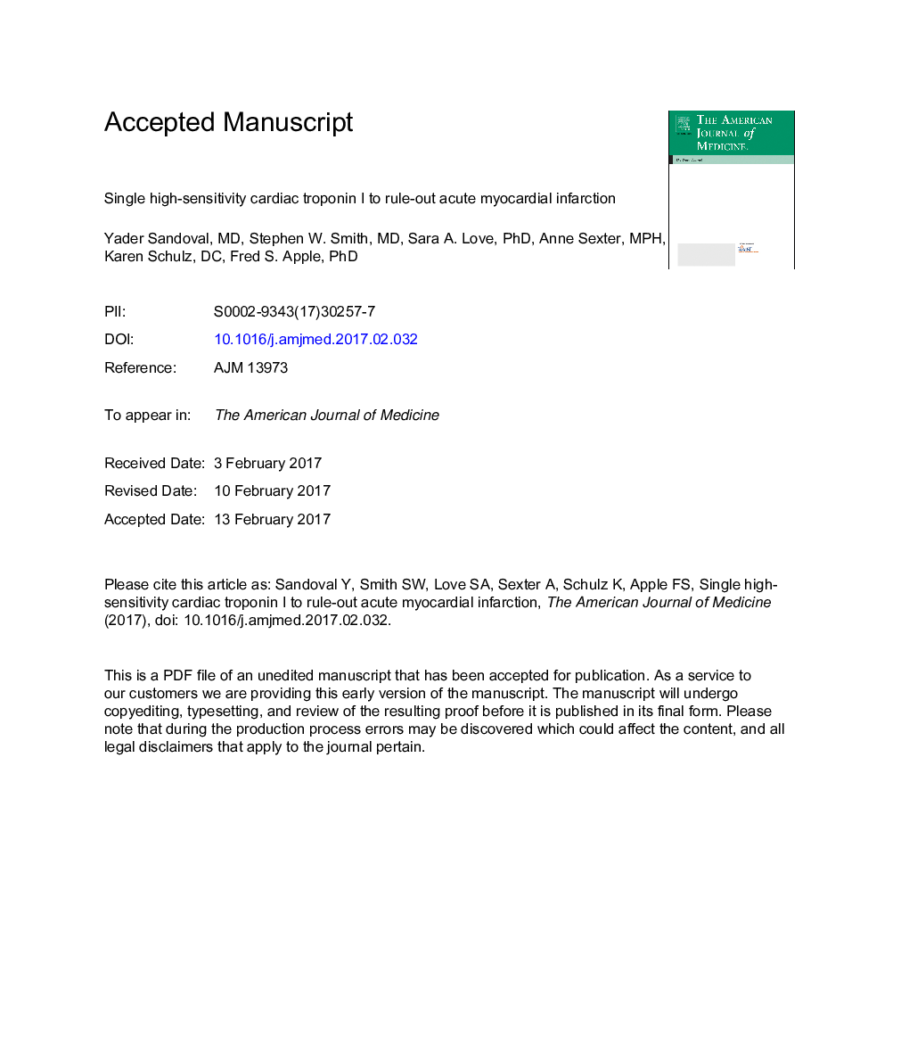 Single High-Sensitivity Cardiac Troponin I to Rule Out Acute Myocardial Infarction