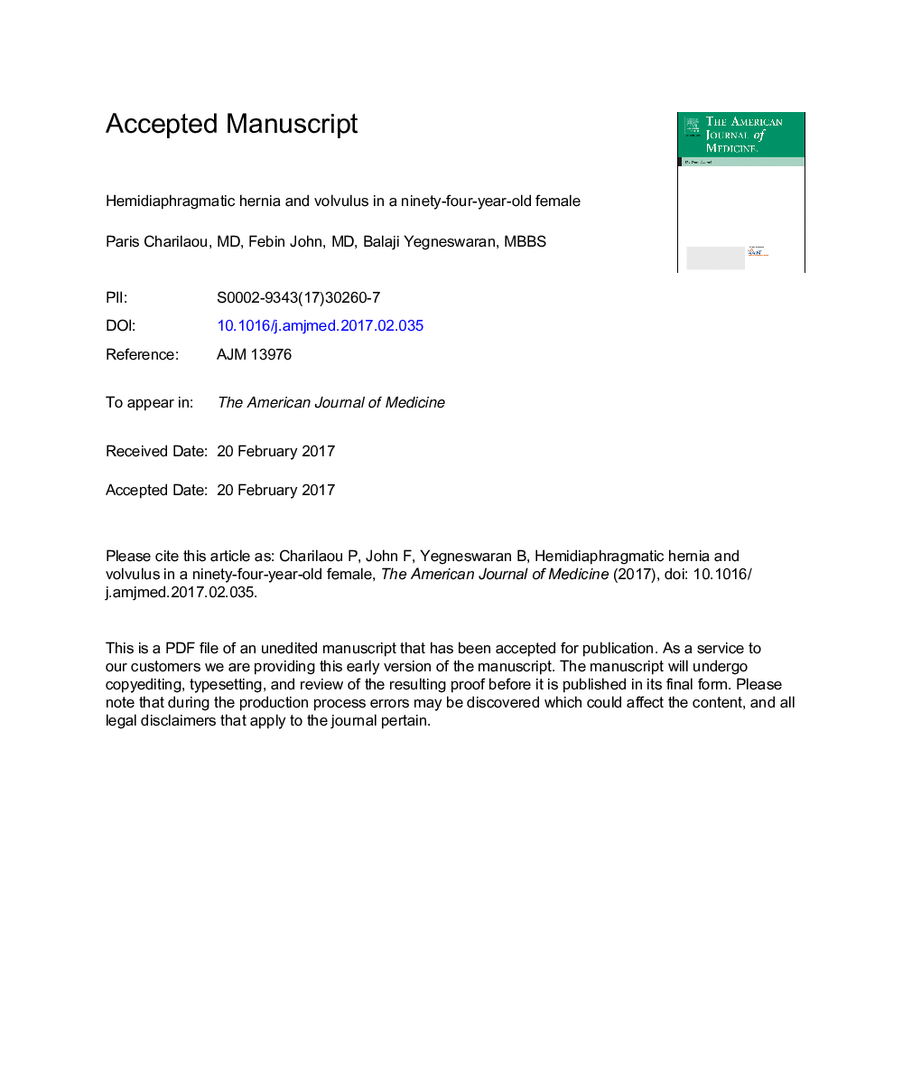 Hemidiaphragmatic Hernia and Volvulus in a 94-Year-Old Woman