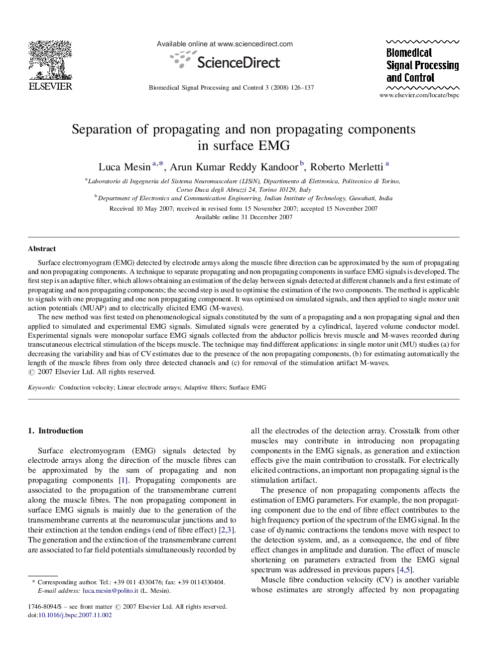 Separation of propagating and non propagating components in surface EMG
