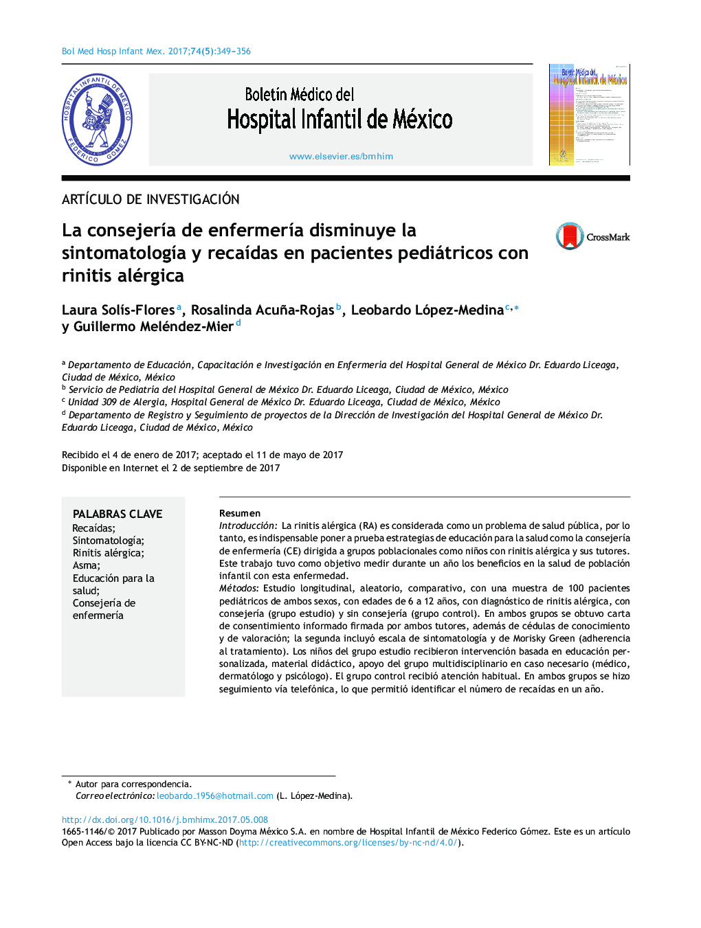 La consejerÃ­a de enfermerÃ­a disminuye la sintomatologÃ­a y recaÃ­das en pacientes pediátricos con rinitis alérgica