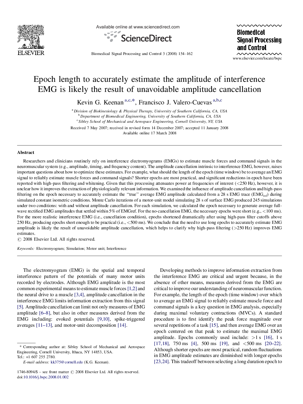 Epoch length to accurately estimate the amplitude of interference EMG is likely the result of unavoidable amplitude cancellation