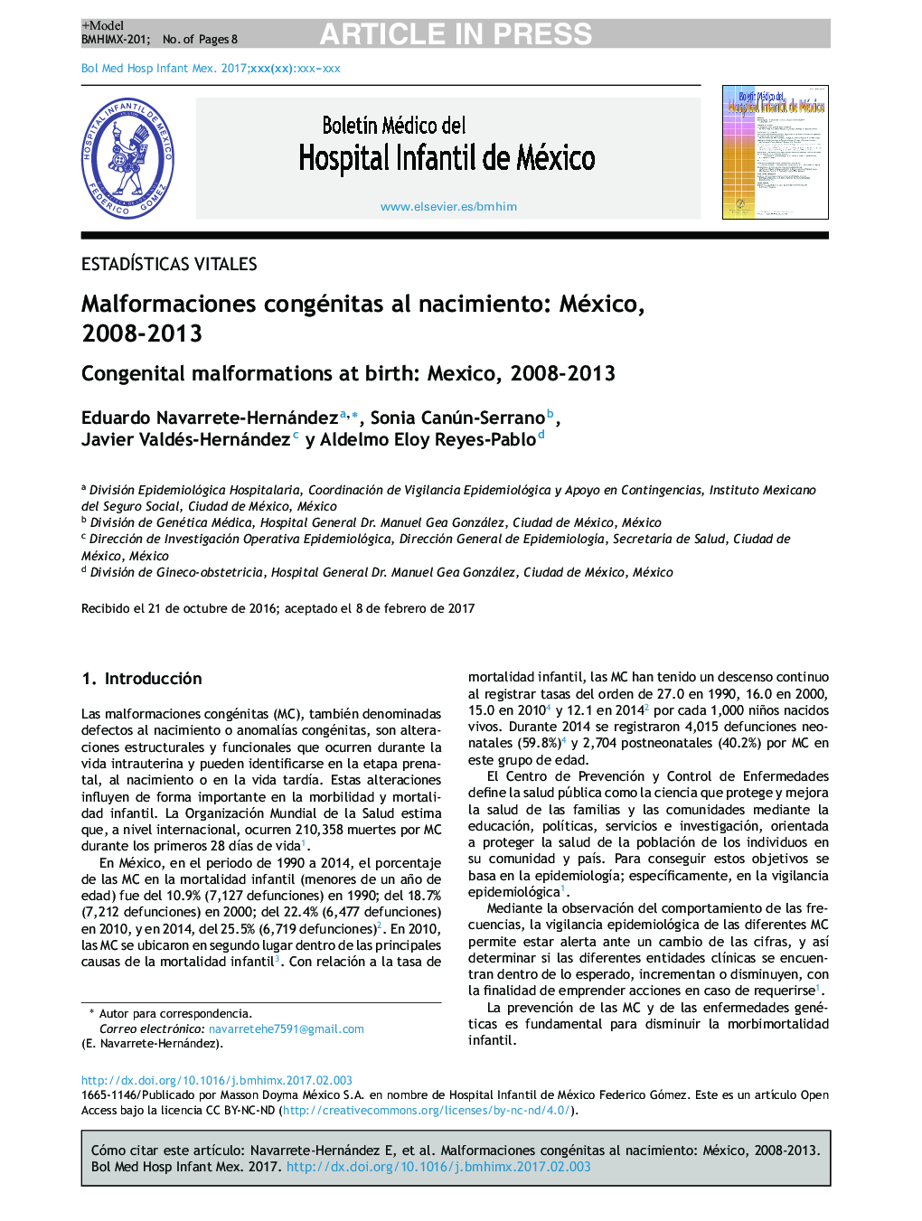 عکس صفحه اول مقاله: Malformaciones congénitas al nacimiento: México, 2008-2013 Malformaciones congénitas al nacimiento: México, 2008-2013