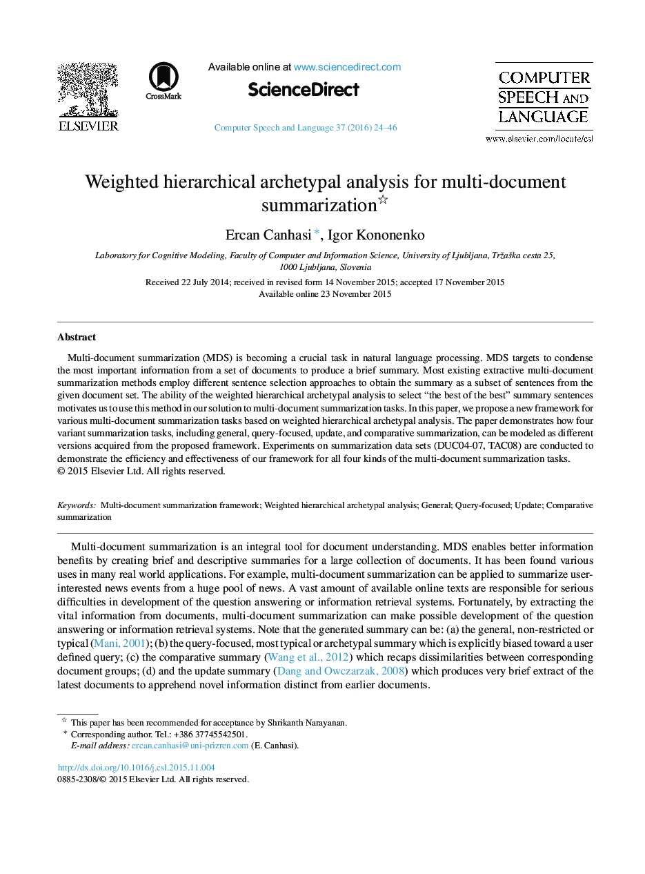 Weighted hierarchical archetypal analysis for multi-document summarization 