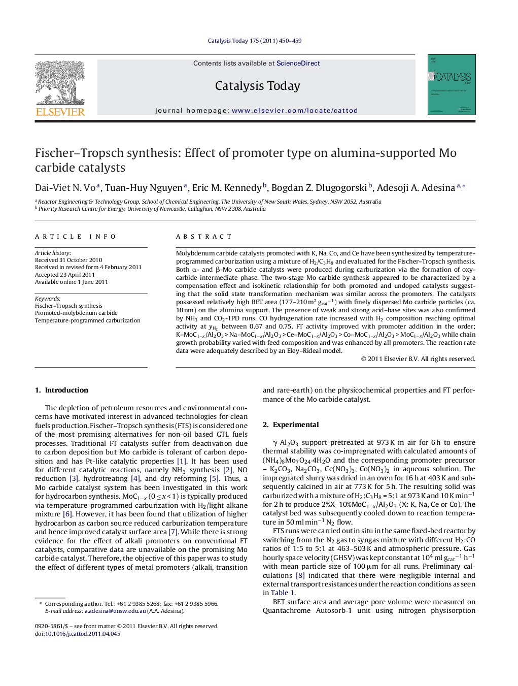 Fischer–Tropsch synthesis: Effect of promoter type on alumina-supported Mo carbide catalysts