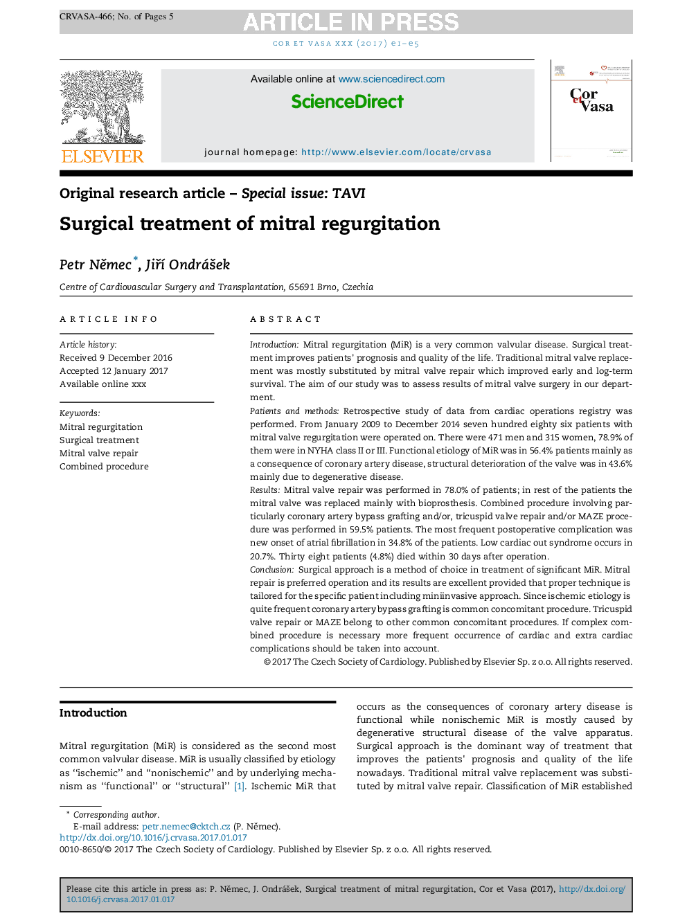 Surgical treatment of mitral regurgitation