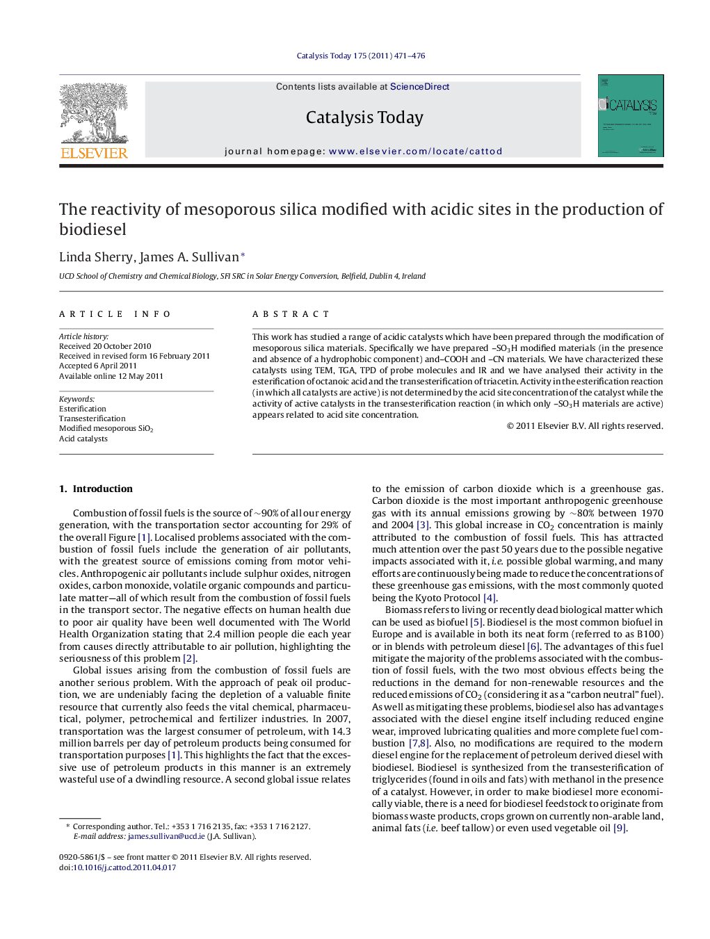 The reactivity of mesoporous silica modified with acidic sites in the production of biodiesel