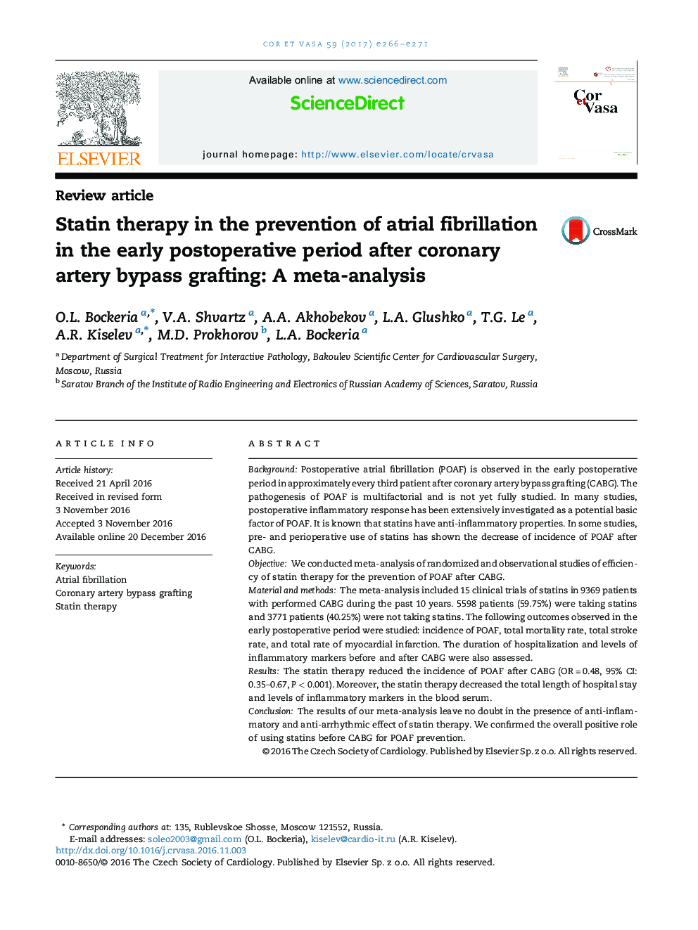 Statin therapy in the prevention of atrial fibrillation in the early postoperative period after coronary artery bypass grafting: A meta-analysis