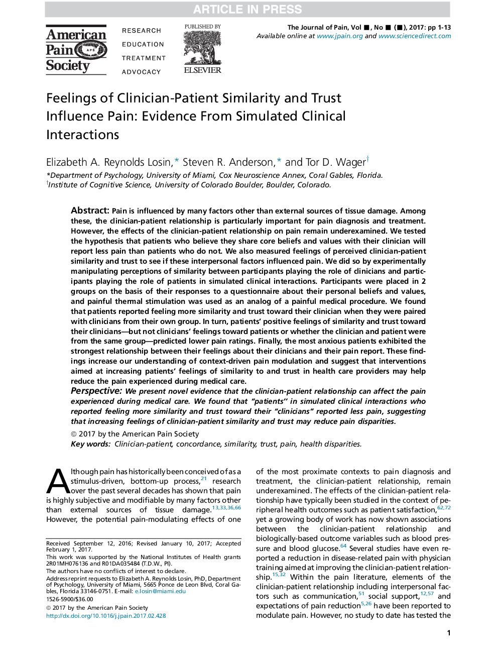 Feelings of Clinician-Patient Similarity and Trust Influence Pain: Evidence From Simulated Clinical Interactions