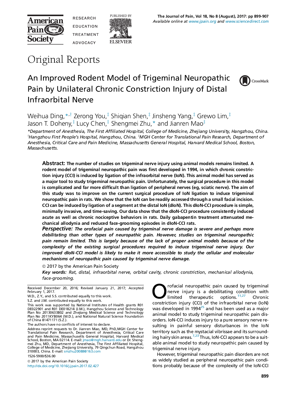 یک مدل جوندگان بهبود یافته از درد نوروپاتیک سه گانه با آسیب مجدد یکجانبه مزمن انسدادی مجرای نافذ 