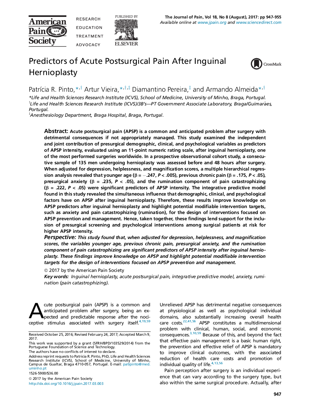 Original ReportPredictors of Acute Postsurgical Pain After Inguinal Hernioplasty