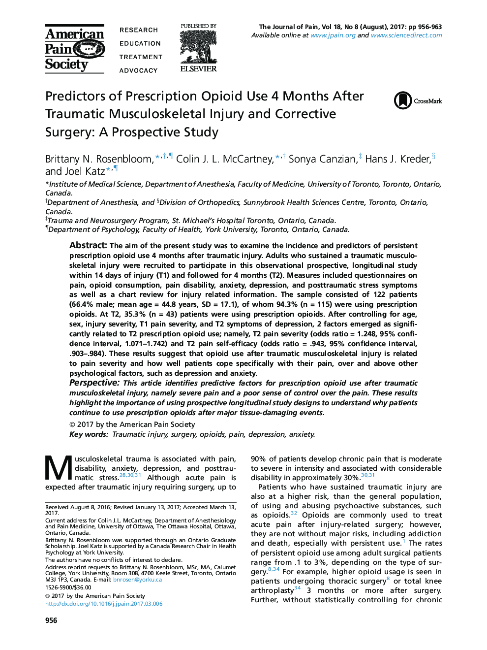 Predictors of Prescription Opioid Use 4Â Months After Traumatic Musculoskeletal Injury and Corrective Surgery: A Prospective Study