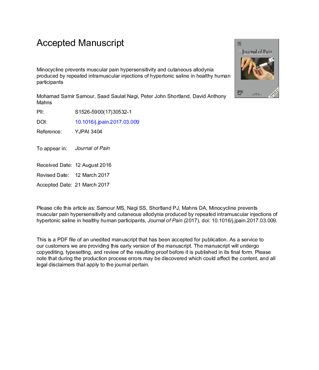 Minocycline Prevents Muscular Pain Hypersensitivity and Cutaneous Allodynia Produced by Repeated Intramuscular Injections of Hypertonic Saline in Healthy Human Participants