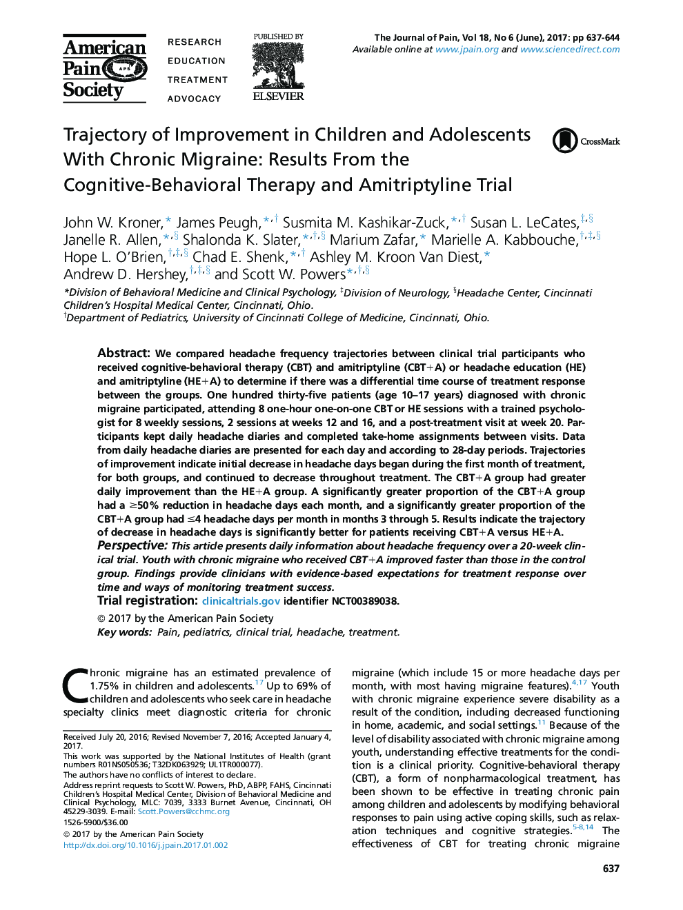 Original ReportTrajectory of Improvement in Children and Adolescents With Chronic Migraine: Results From the Cognitive-Behavioral Therapy and Amitriptyline Trial