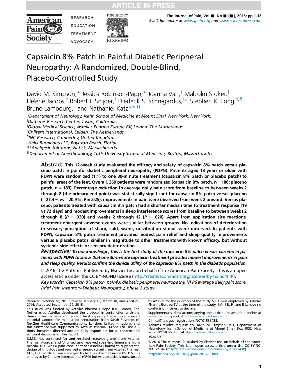 کپسایکین 8٪ در بیماران مبتلا به نوروپاتی محیطی دیابتی دردناک: یک مطالعه به صورت تصادفی، دو سوکور، با کنترل پلاسبو 