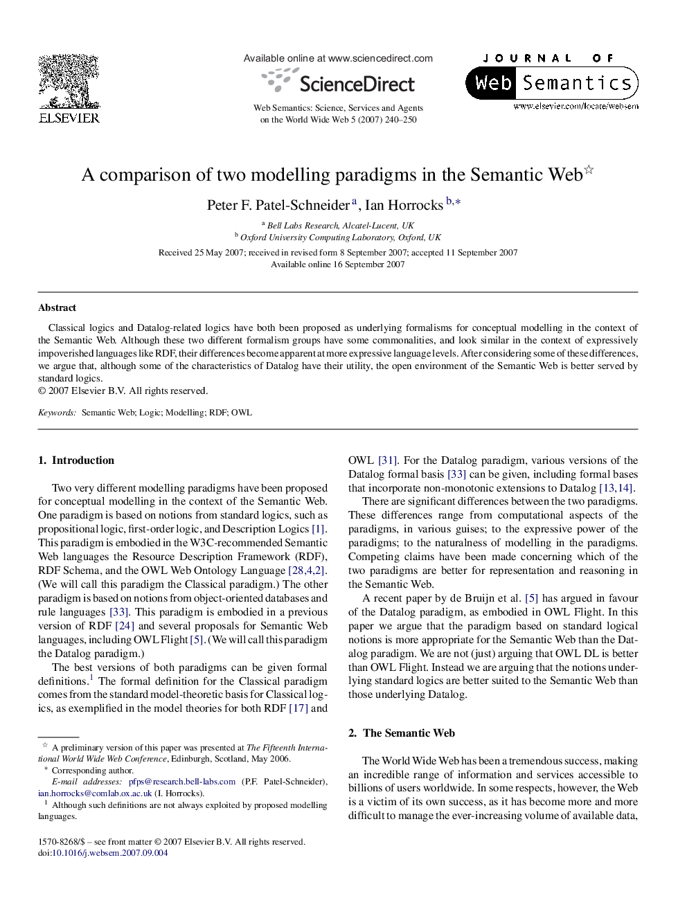 A comparison of two modelling paradigms in the Semantic Web 