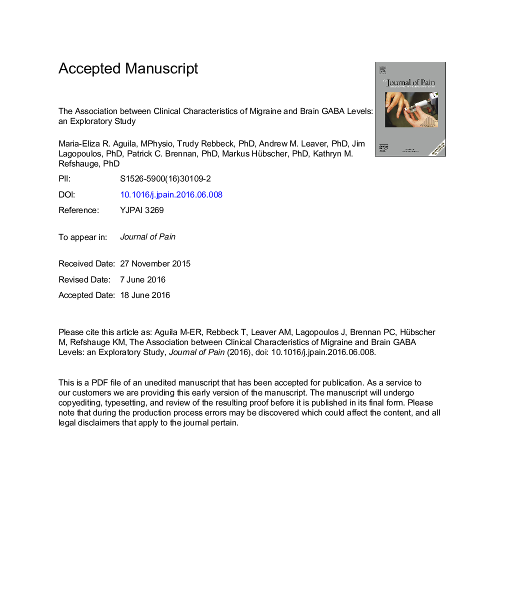 The Association Between Clinical Characteristics of Migraine and Brain GABA Levels: An Exploratory Study