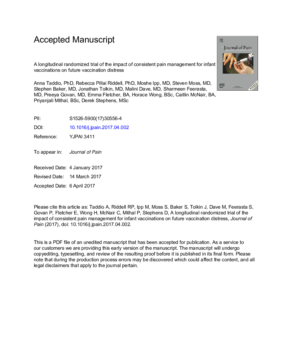 A Longitudinal Randomized Trial of the Effect of Consistent Pain Management for Infant Vaccinations on Future Vaccination Distress