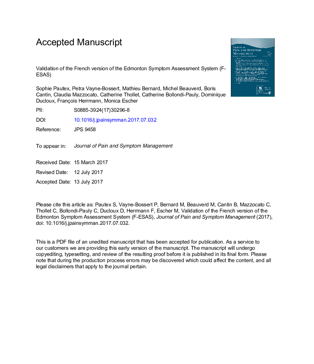 اعتبار نسخه فرانسوی سیستم ارزیابی علائم ادمونتون 