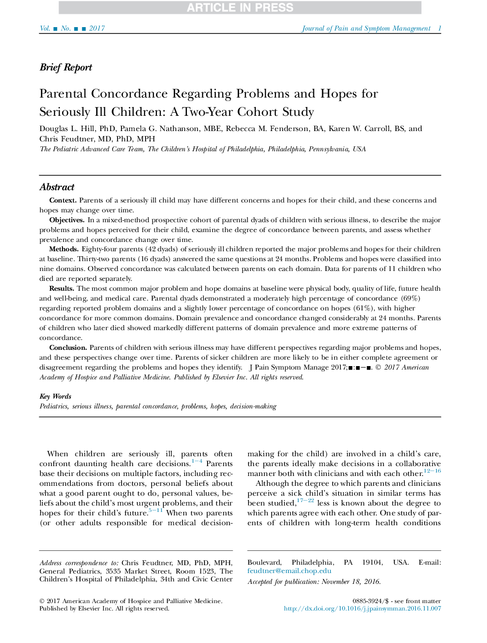 Parental Concordance Regarding Problems and Hopes for Seriously Ill Children: A Two-Year Cohort Study