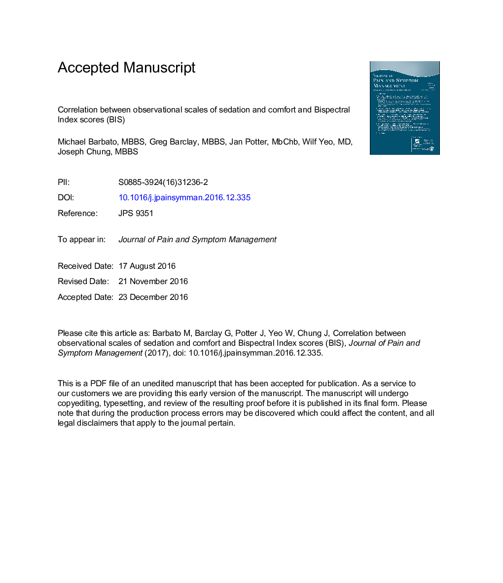 Correlation Between Observational Scales of Sedation and Comfort and Bispectral Index Scores