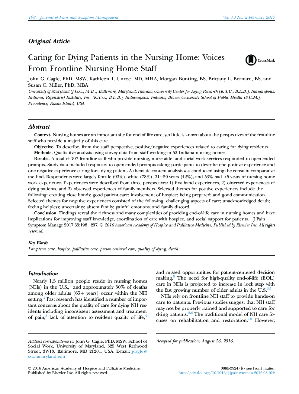 Original ArticleCaring for Dying Patients in the Nursing Home: Voices From Frontline Nursing Home Staff