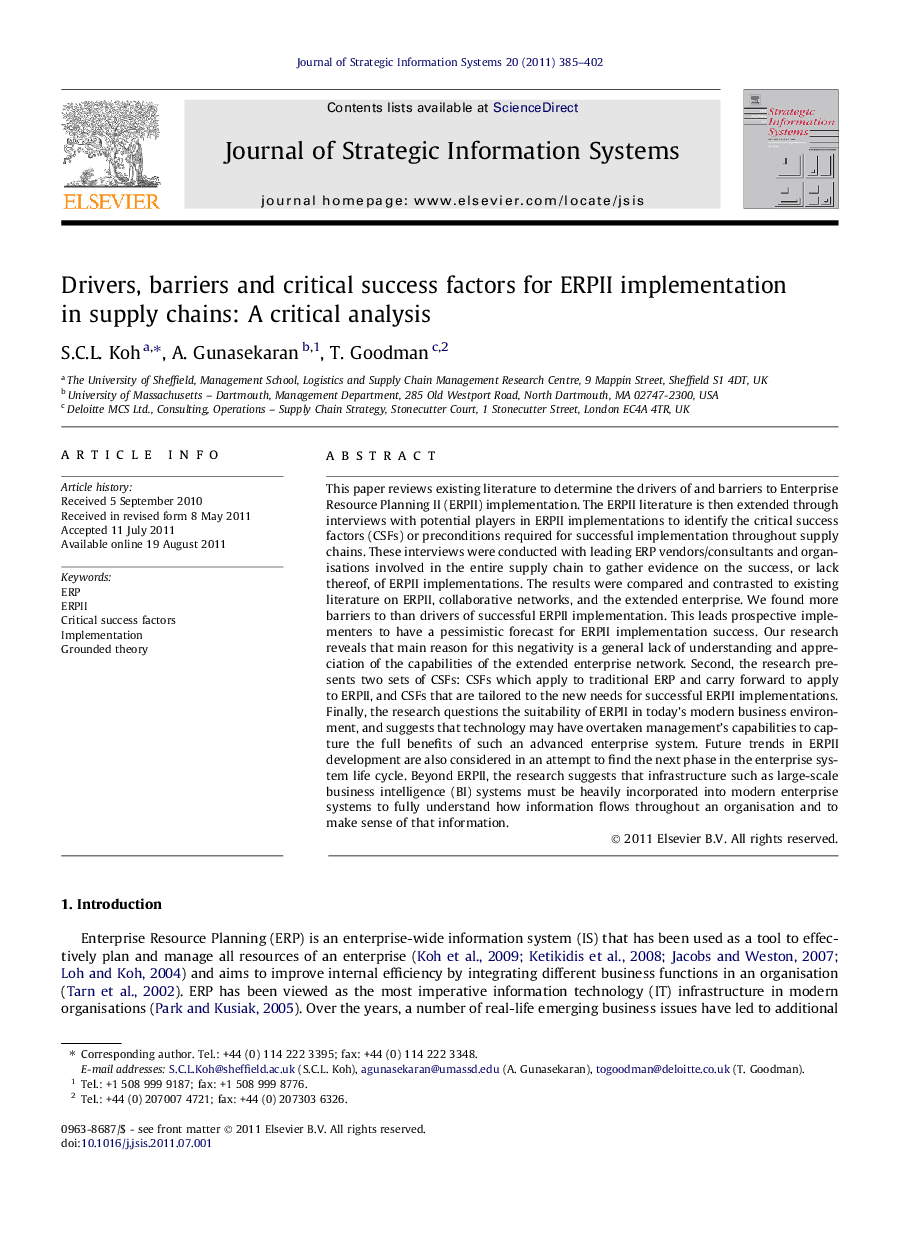 Drivers, barriers and critical success factors for ERPII implementation in supply chains: A critical analysis