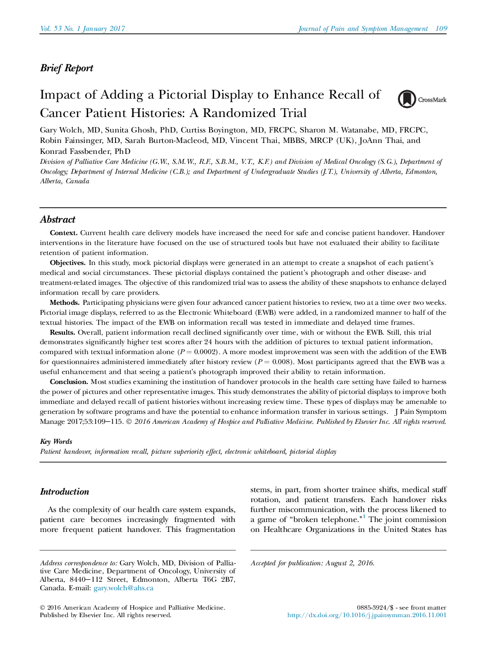 Impact of Adding a Pictorial Display to Enhance Recall of Cancer Patient Histories: A Randomized Trial