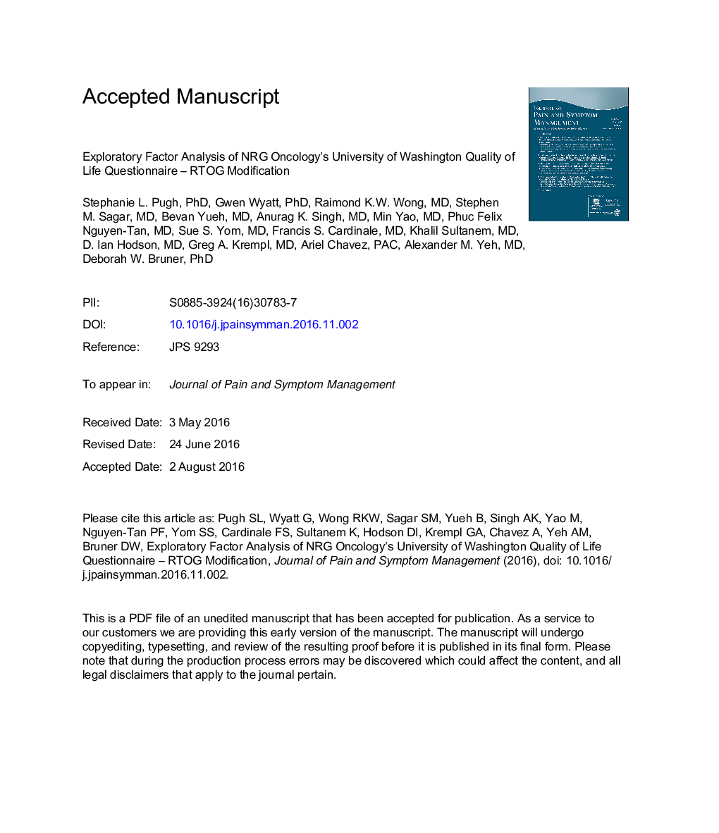 Exploratory Factor Analysis of NRG Oncology's University of Washington Quality of Life Questionnaire-RTOG Modification