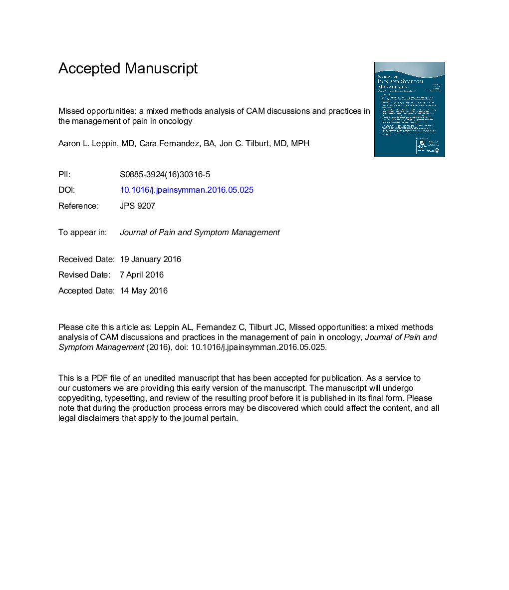 Missed Opportunities: A Mixed-Methods Analysis of CAM Discussions and Practices in the Management of Pain in Oncology