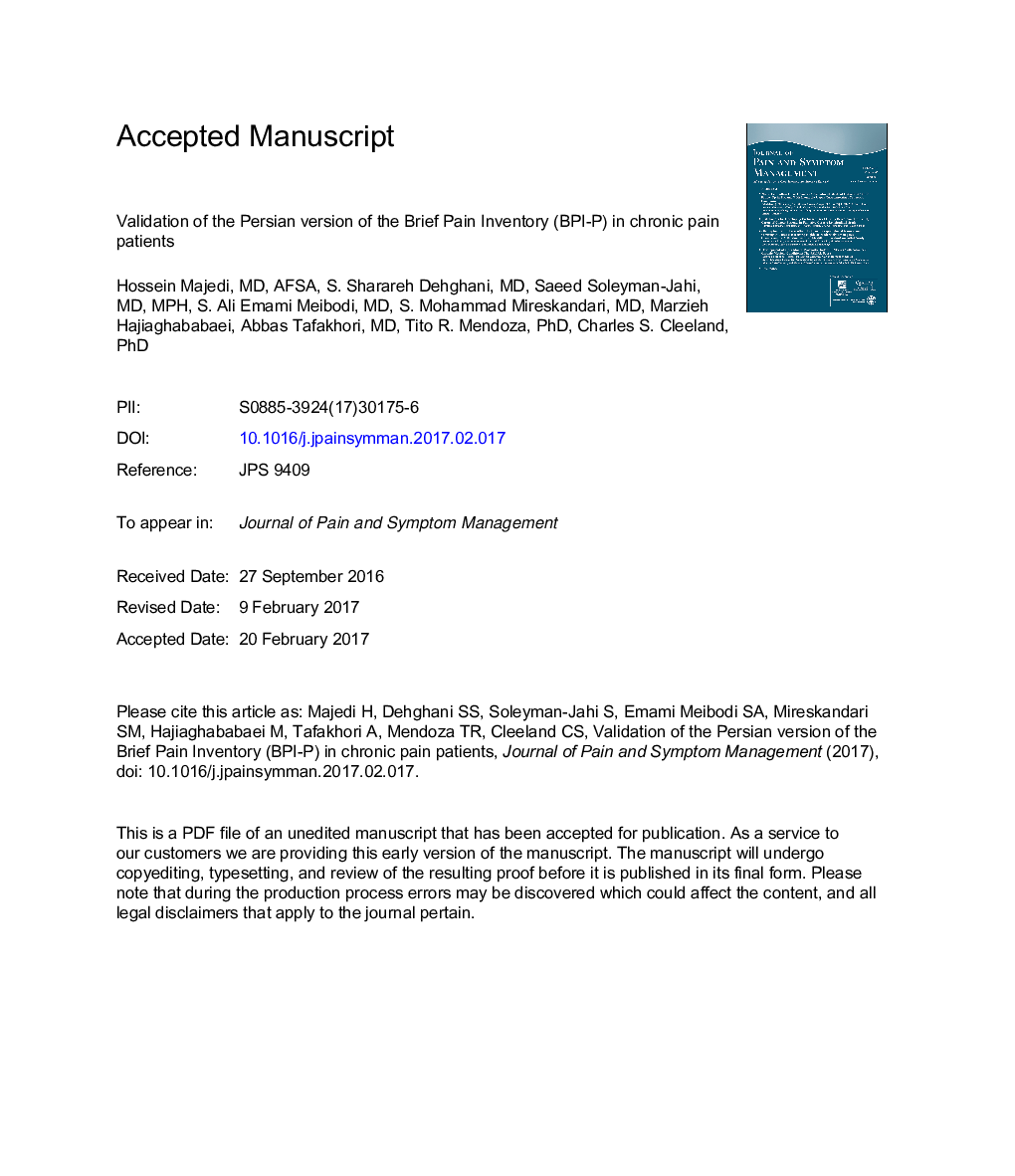 Validation of the Persian Version of the Brief Pain Inventory (BPI-P) in Chronic Pain Patients