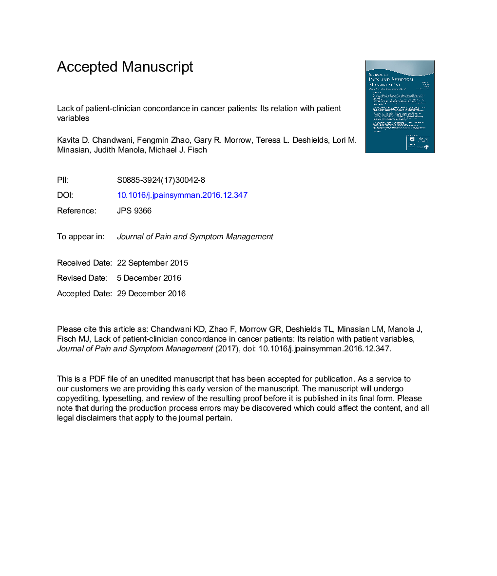 Lack of Patient-Clinician Concordance in Cancer Patients: Its Relation With Patient Variables