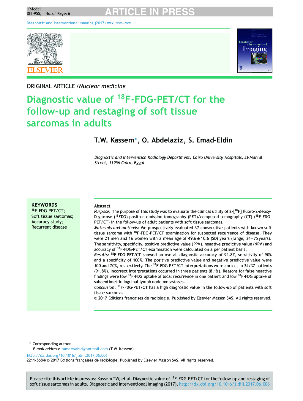 Diagnostic value of 18F-FDG-PET/CT for the follow-up and restaging of soft tissue sarcomas in adults