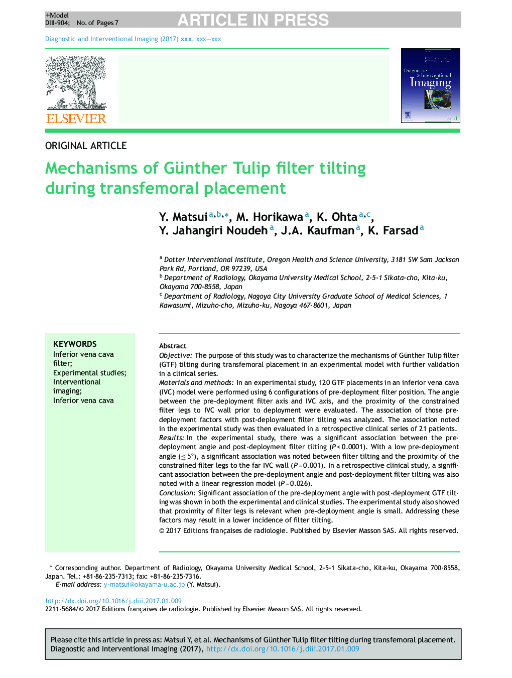 Mechanisms of Günther Tulip filter tilting during transfemoral placement