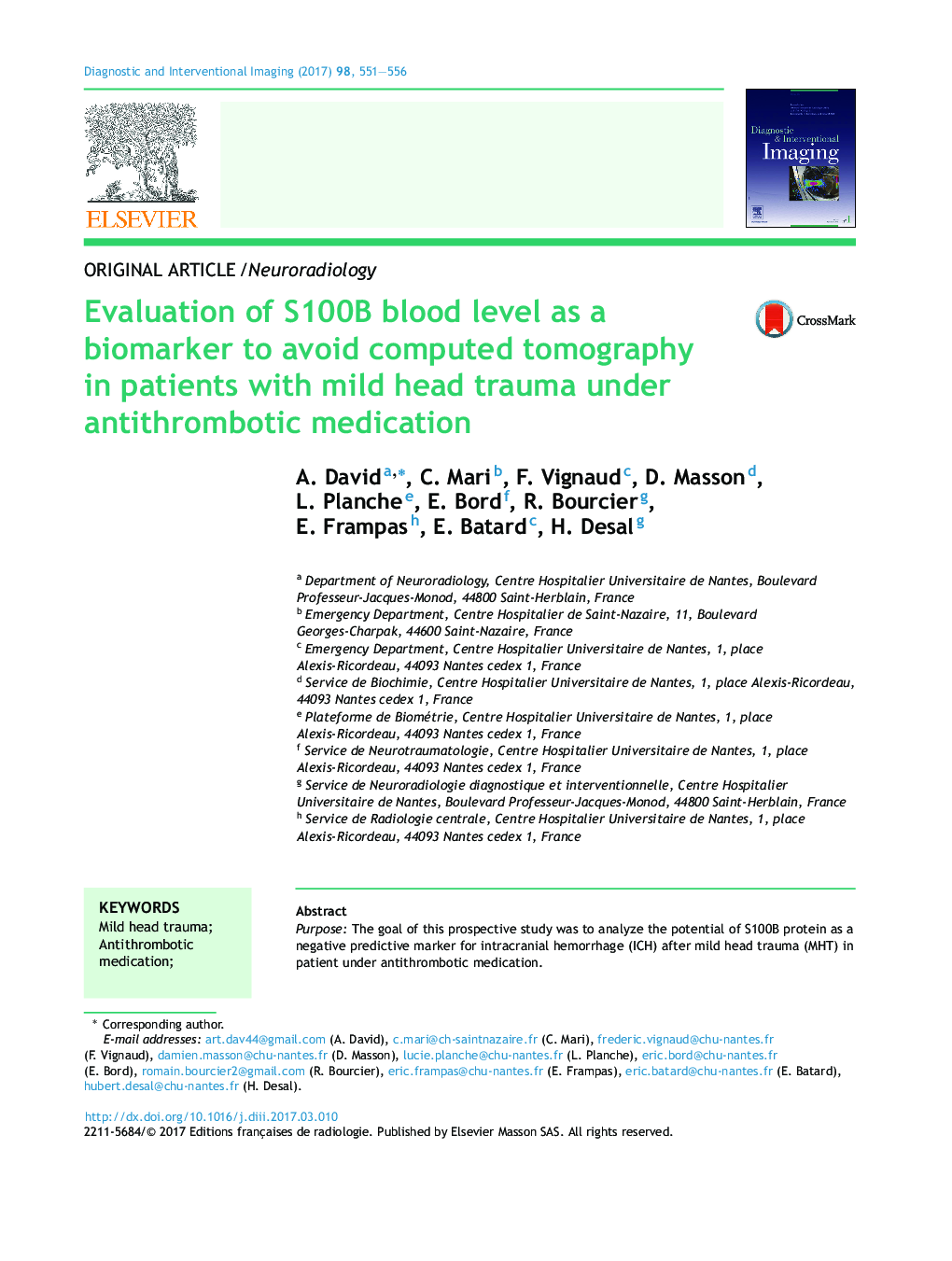 Evaluation of S100B blood level as a biomarker to avoid computed tomography in patients with mild head trauma under antithrombotic medication