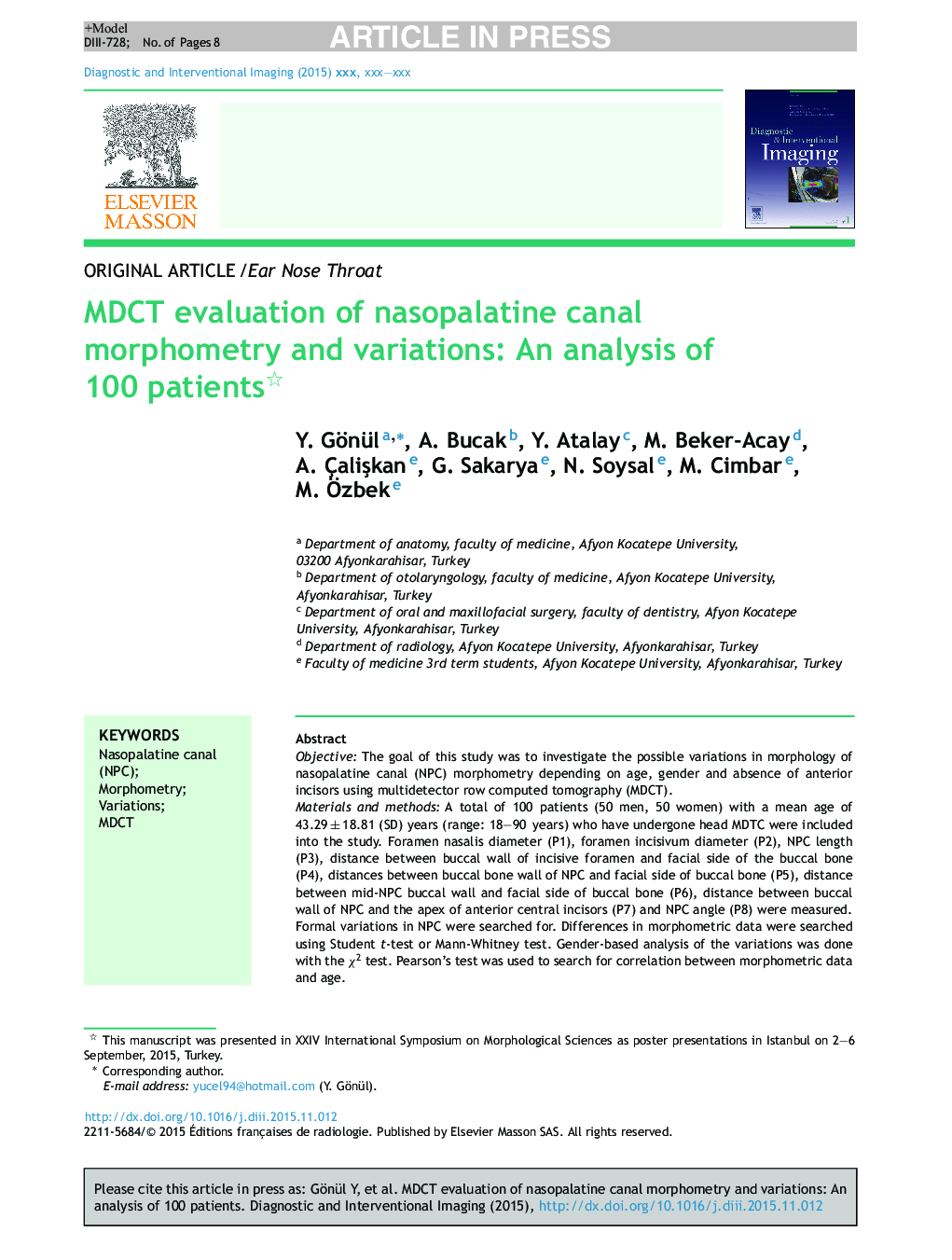 MDCT evaluation of nasopalatine canal morphometry and variations: An analysis of 100 patients