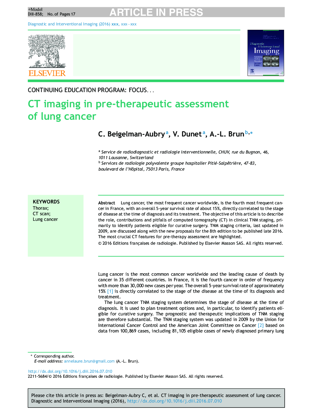 CT imaging in pre-therapeutic assessment of lung cancer