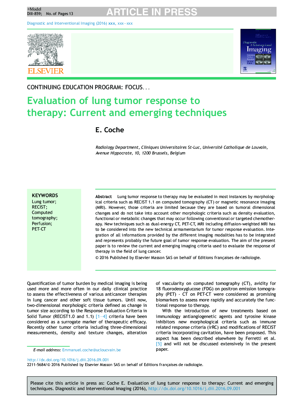 Evaluation of lung tumor response to therapy: Current and emerging techniques