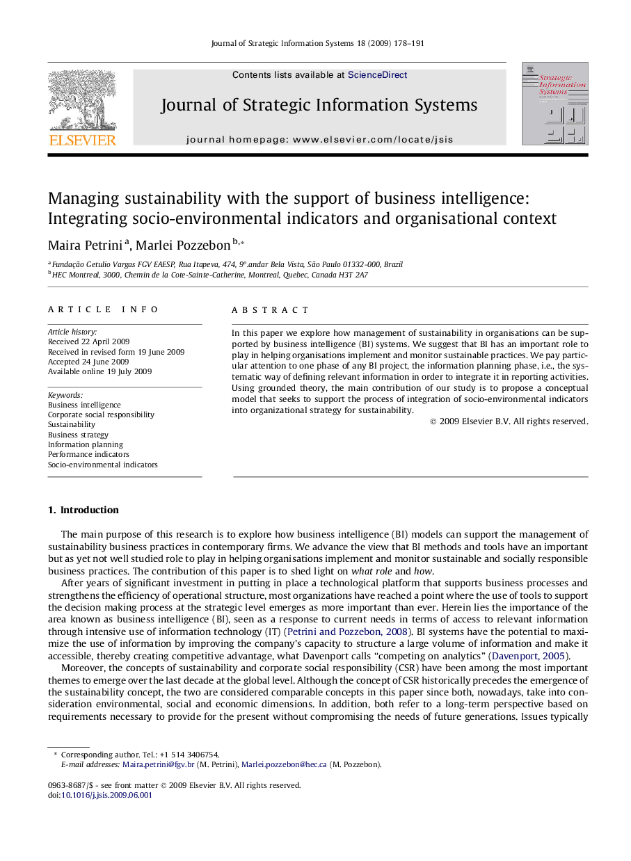 Managing sustainability with the support of business intelligence: Integrating socio-environmental indicators and organisational context