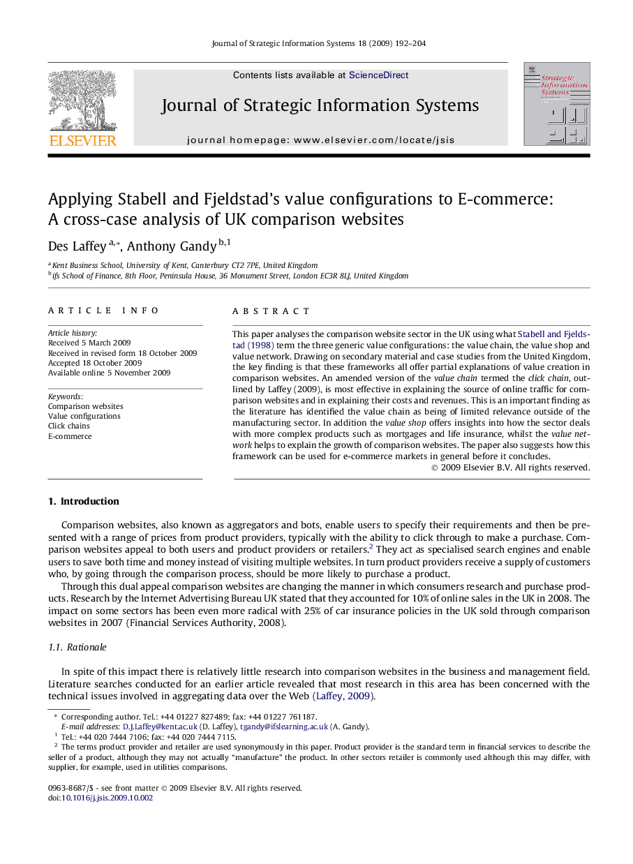 Applying Stabell and Fjeldstad’s value configurations to E-commerce: A cross-case analysis of UK comparison websites