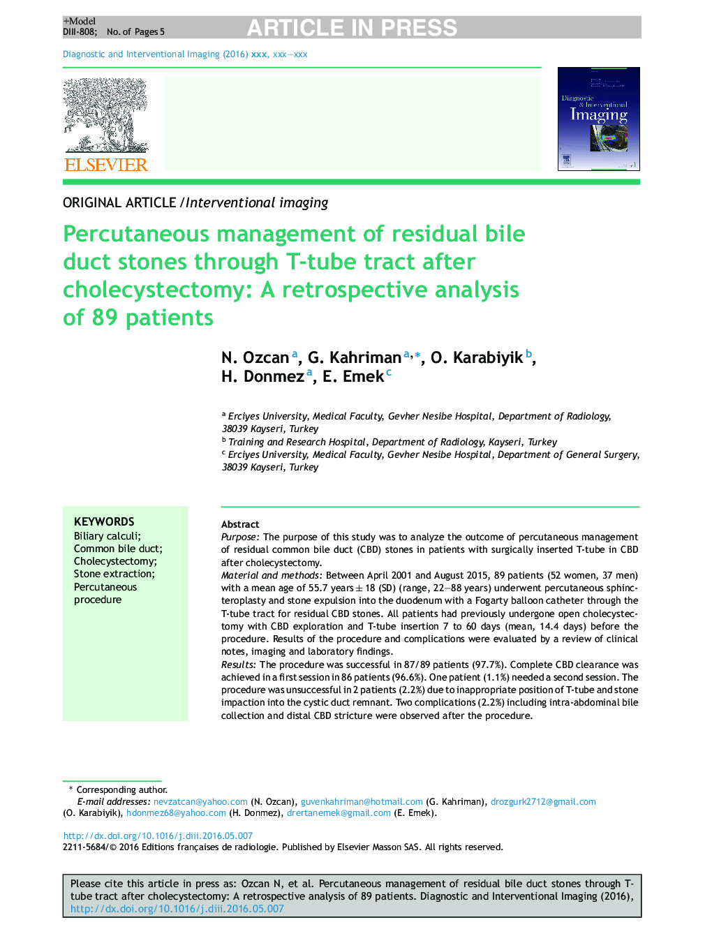 Percutaneous management of residual bile duct stones through T-tube tract after cholecystectomy: A retrospective analysis of 89 patients