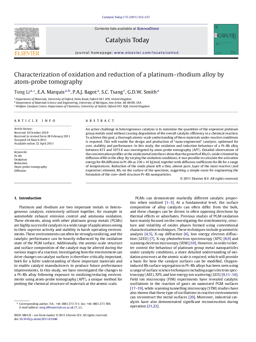 Characterization of oxidation and reduction of a platinum–rhodium alloy by atom-probe tomography