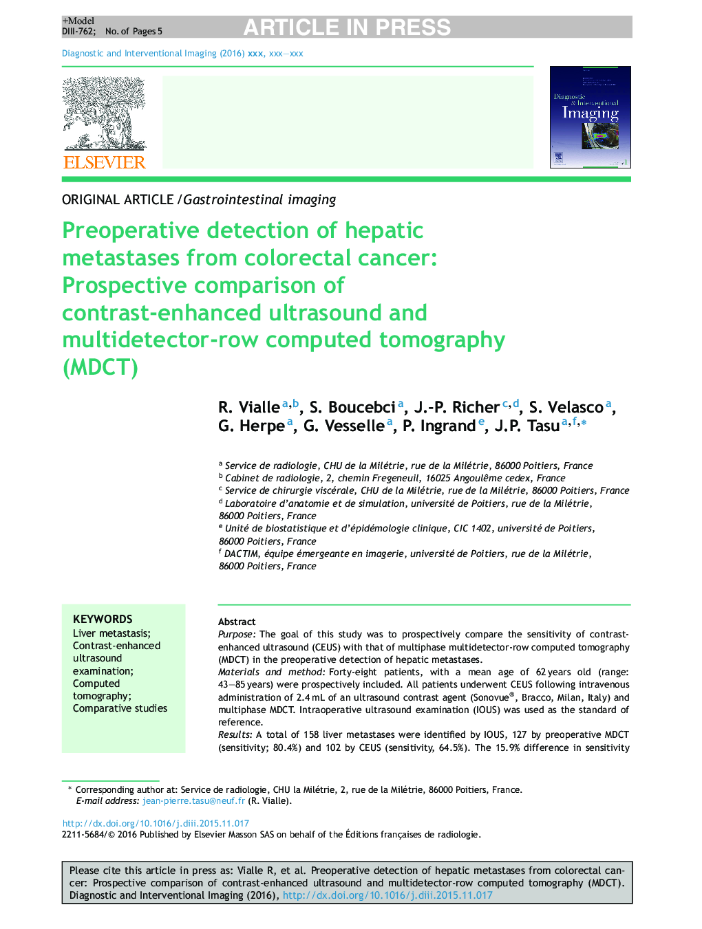 Preoperative detection of hepatic metastases from colorectal cancer: Prospective comparison of contrast-enhanced ultrasound and multidetector-row computed tomography (MDCT)