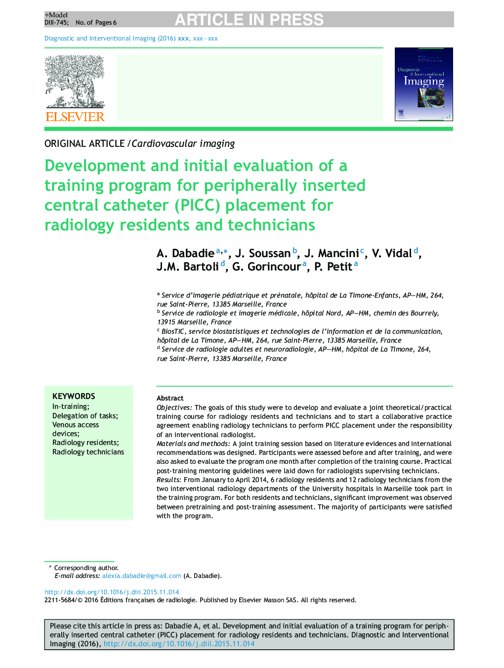 Development and initial evaluation of a training program for peripherally inserted central catheter (PICC) placement for radiology residents and technicians